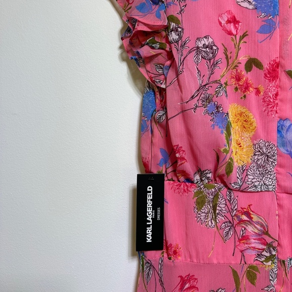 Karl Lagerfeld Pink Floral High-Low Midi Dress NWT | Flutter Sleeve Asymmetrical - Picture 6 of 9